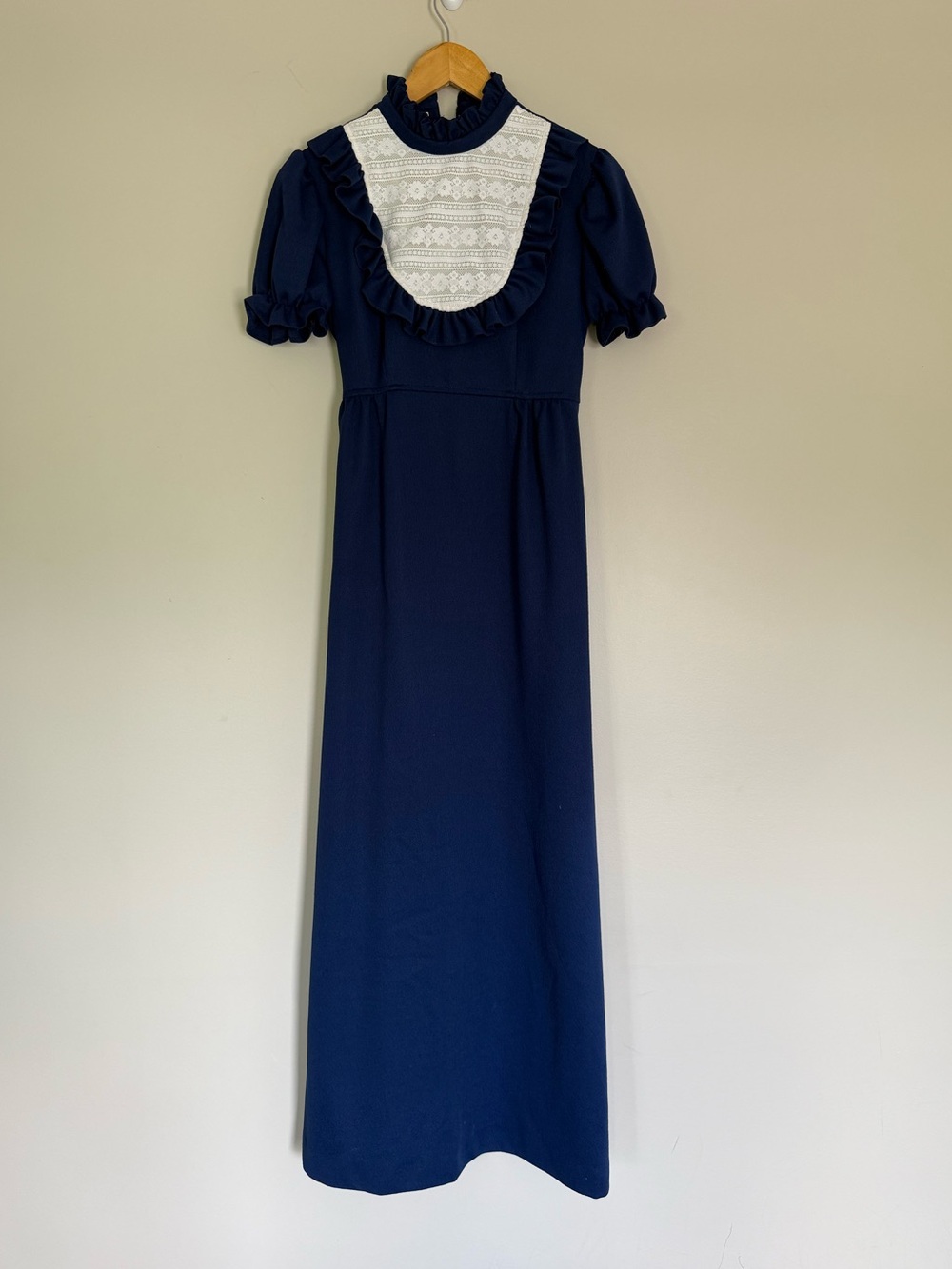 Vintage 1970s Navy Blue White Lace Bib Prairie Style Dress ILGWU Union USA Sz
11